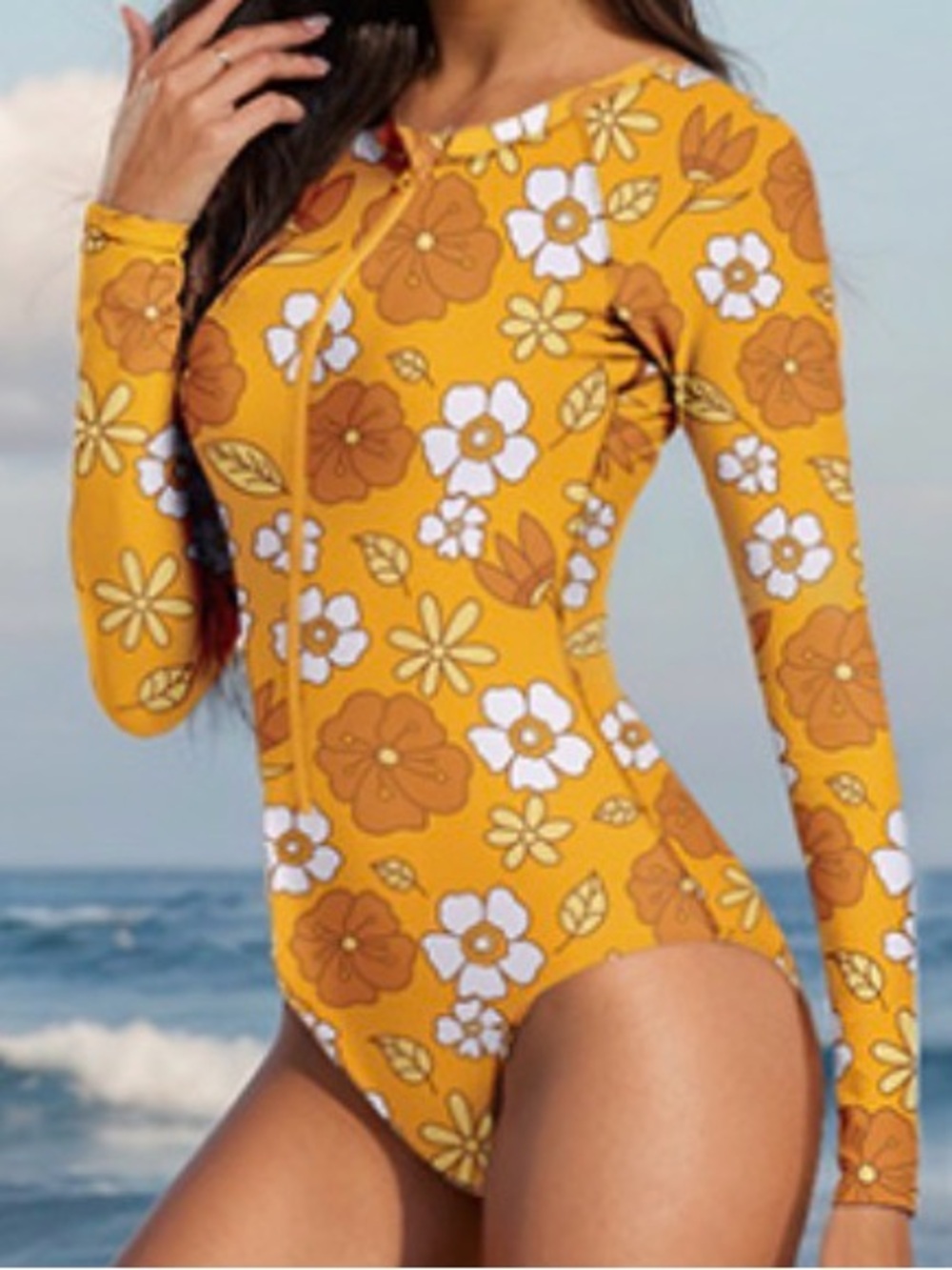 Zando Brand NWOT Women's Medium Yellow Orange Floral Print Rash Guard Swimsuit